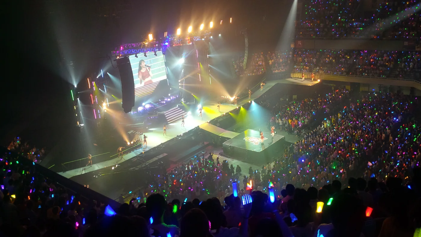 日本武道館の上層スタンド側からステージとアリーナ、向かい側スタンドを見渡した2014年コンサート時の参考実景